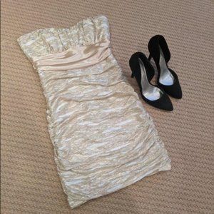 Gold and White Strapless Mini Dress
